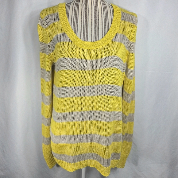 J. Crew Yellow & Grey Striped Long Sleeve Lightweight Linen Sweater Size Medium - Picture 1 of 9